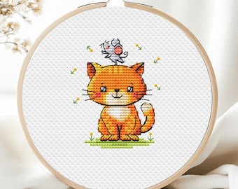 Patrón de punto de cruz de gato pequeño, gatito, animal de granja, mini tarjeta roja, gato y ratón, habitación infantil, guardería, divertido conjunto PDF, descarga instantánea