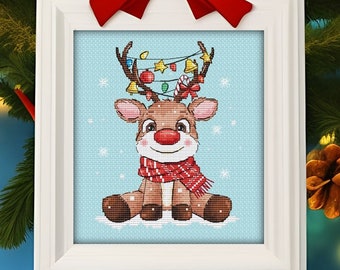 Christmas Deer Cross Stitch Pattern Christmas Animal Little Winter X-mas Scene  X-stitch Cards Small Chart Needlepoint  PDF Instant Download