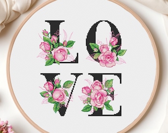 Love Cross Stitch Pattern Letters Flowers Roses Floral Monogram Alphabet Gentle Valentines Day Wedding Anniversary Chart Needlepoint  PDF