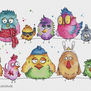 Birds Cross Stitch Pattern, Watercolor Birds Cross Stitch, Rainbow Cross Stitch, Funny Birds Cross Stitch PDF image 2