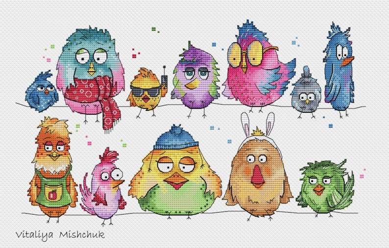 Birds Cross Stitch Pattern, Watercolor Birds Cross Stitch, Rainbow Cross Stitch, Funny Birds Cross Stitch PDF image 2