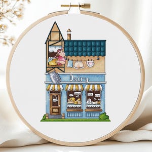 Shop Cross Stitch Pattern Village Houses Milk Cheese Retro Food Showcase Set Woman Summer Modern Street Counted Needlepoint Blue PDF Home