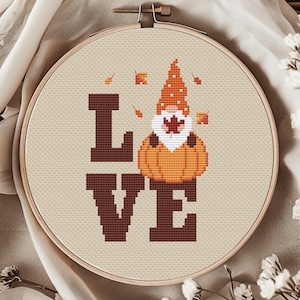 Autumn Gnome Cross Stitch Pattern PDF Gnomes Leaves Leaves Fall Pumpkin Love Beginner Easy Simple Primitive Needlepoint Instant Download