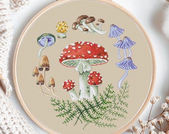 Mushrooms Cross Stitch Patterns Autumn Fall Toadstool Fly agaric Round Pillow Wreath Counted  Needlepoint Printable PDF Instant Download