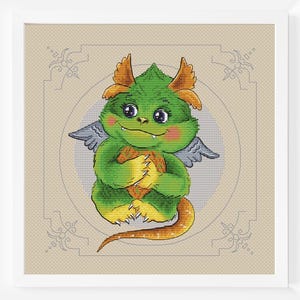 Dragon Cross Stitch Pattern For Baby Boy Cute Green Dragon Monster fantasy For Kids Child Counted  Instant Download Room Art Angel