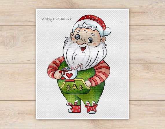 Christmas Santa Cross Stitch Pattern New Year Cute Holiday Coffee