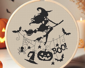 Halloween Witch Cross Stitch Pattern - Halloween Dark Black Beginner Easy Simple Primitive Counted PDF
