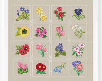 Echantillon de fleurs au point de croix, petite fleur de jardin, petite marguerite florale d&#39;été, grille de points en X, broderie PDF, téléchargement immédiat