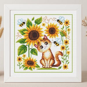 Sunflower Cat Cross Stitch Patterns Flower Sampler Simple Easy Summer Red Kitten Bee Primitive Floral Animal Beginner  PDF Printable