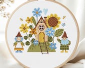 House Gnome Cross Stitch Pattern PDF Easy Simple Sunflowers Summer Flower Primitive Floral Forest Cute Beginner Nature Instant Download Art