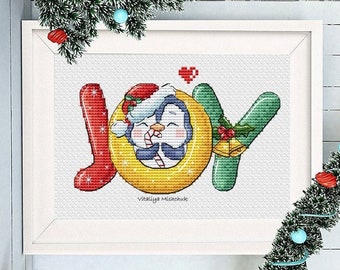 Christmas Cross Stitch Pattern Penguin Joy  X-mas Funny Cute Animal Scene Home Decor New Year Chart Printable PDF Instant Download