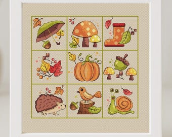 Autumn Sampler Cross Stitch Pattern Hedgehog Leaves Pumpkin Fall PDF Harvest Mushroom Small Cute Animal Needlepoint Instant Download Funny