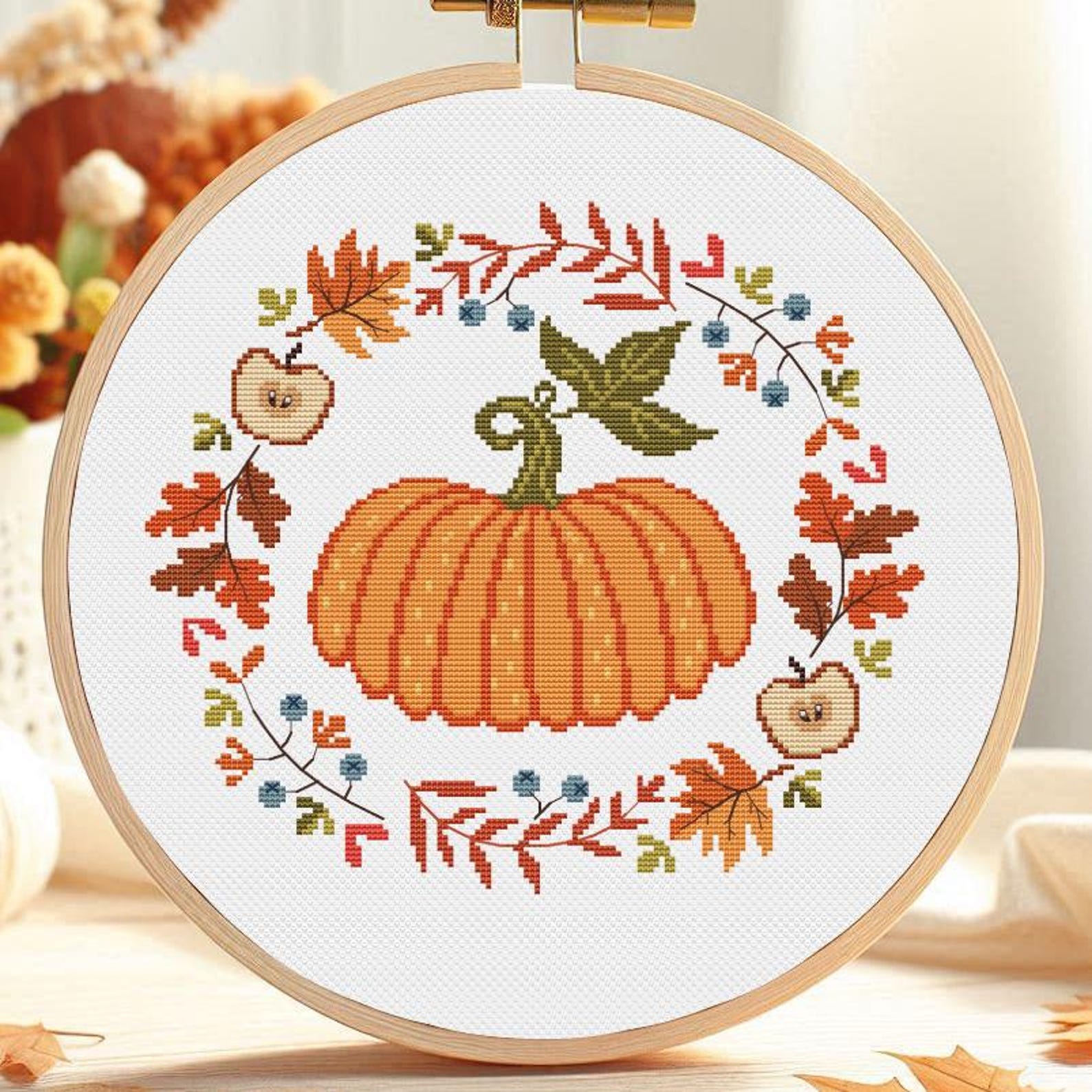 Autumn Pumpkin Cross Stitch Pattern PDF Autumn Harvest Wreath Leaves ...