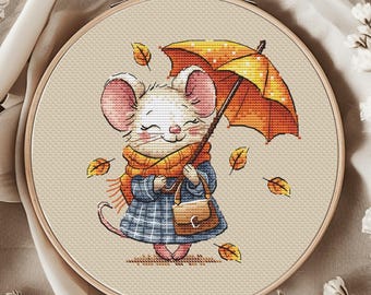 Fall Mouse Cross Stitch Patterns Autumn Baby Animal for Children Mice Leaf Umbrella Kids Room Cute Printable Counted PDF Instant Download