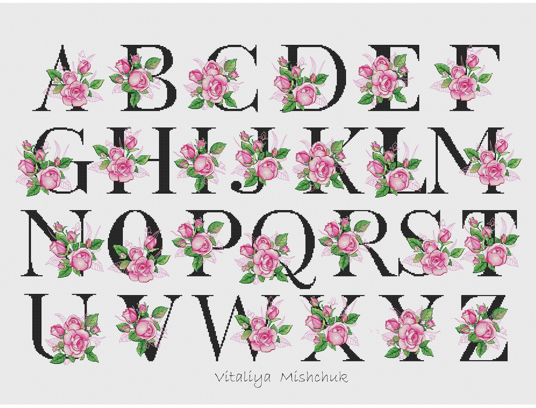 Floral Cross Stitch Font Various Color Gradients Included 