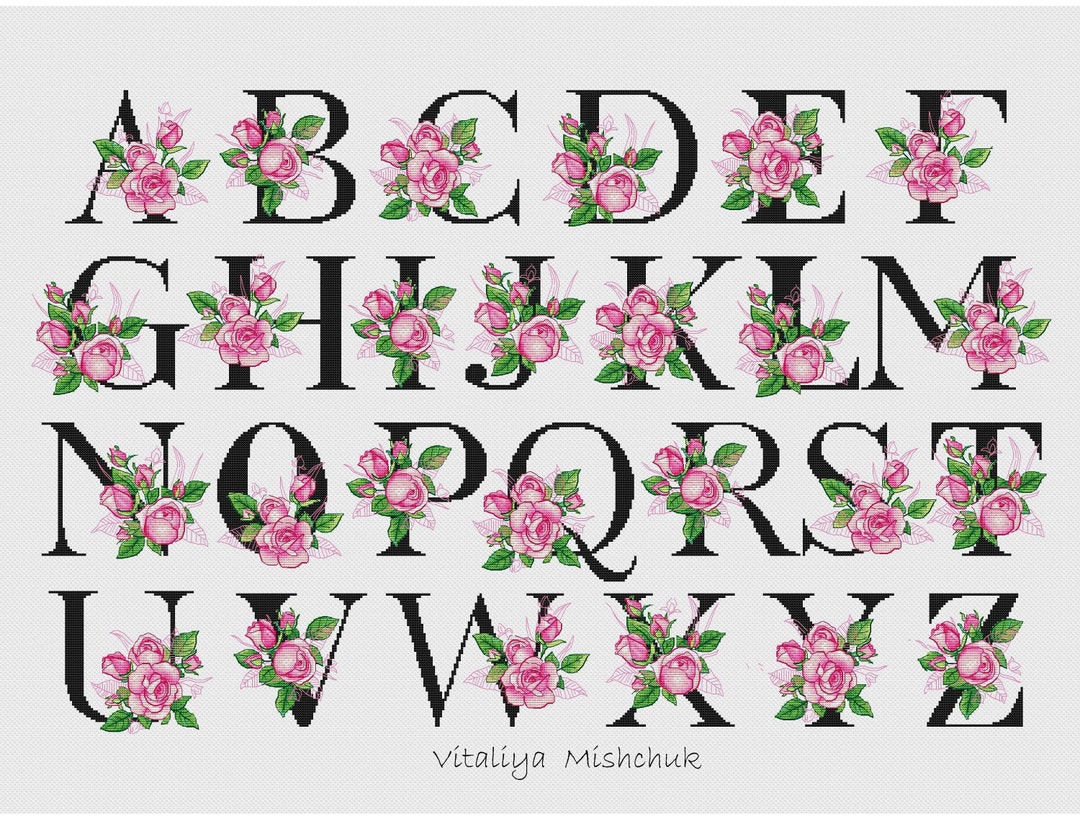 Floral Cross Stitch Font Various Color Gradients Included 