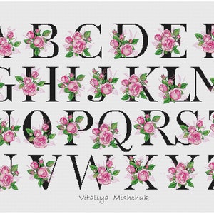 Flower Alphabet Cross Stitch Pattern Letters Monogram Font Rose Floral  Modern Simple Room For Girlfriend Woman  X-stitch Chart Counted  PDF