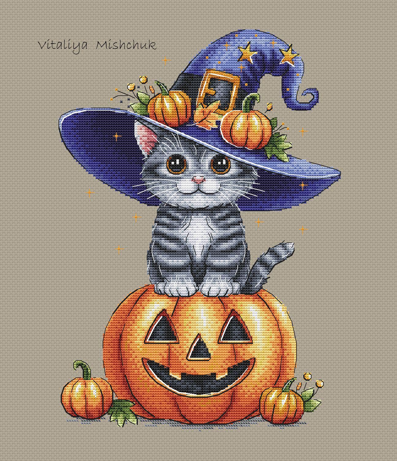 Halloween Cat Cross Stitch Pattern Pumpkins Fall Autumn Black Cat Happy ...