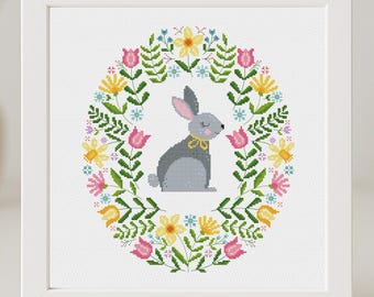 Patrones de punto de cruz de conejo de primavera, conejo de Pascua, flores florales para guardería infantil, fácil, simple, para principiantes, Feliz Pascua, descarga instantánea en PDF