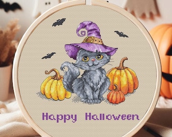 Halloween Black Cat Cross Stitch Pattern PDF,  Happy Halloween Cross Stitch Pattern, Pumpkins Cross Stitch Pattern, Cute  Black Cat