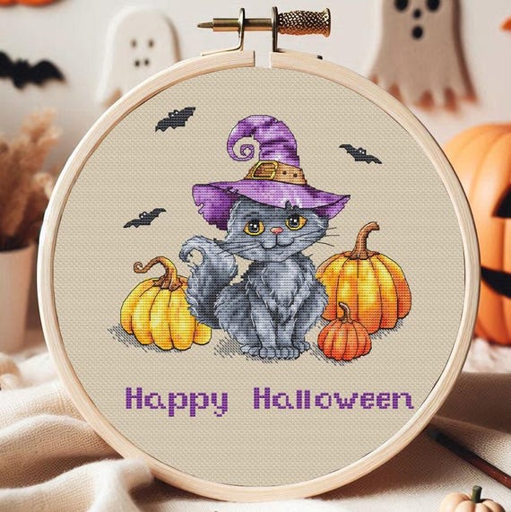 ハロウィン黒猫クロスステッチ図案PDF、ハッピーハロウィンクロス