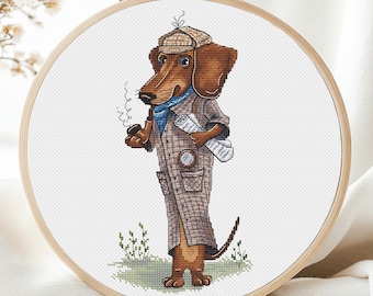 Dachshund Cross Stitch Pattern Dog Animal Sherlock Holmes Police