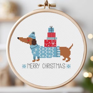 Kerst hond kruissteek patroon teckel klein gemakkelijk vrolijk dier beginner eenvoudige moderne getelde decoratie afdrukbare Instant Download
