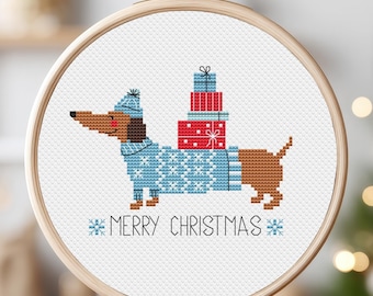 クリスマスの犬のクロスステッチパターン ダックスフント 小さな簡単メリーアニマル 初心者向け シンプルモダン カウントデコレーション 印刷可能 すぐにダウンロード