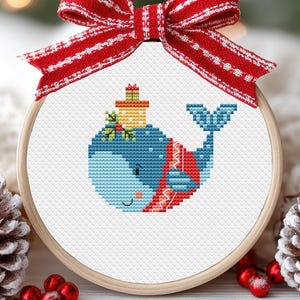 Kerstornamenten Kruissteekpatroon Walvis Dieren Eenvoudige kleine minikaart Kinderen Winterdecoratiescène PDF Instant download Saga Xmas