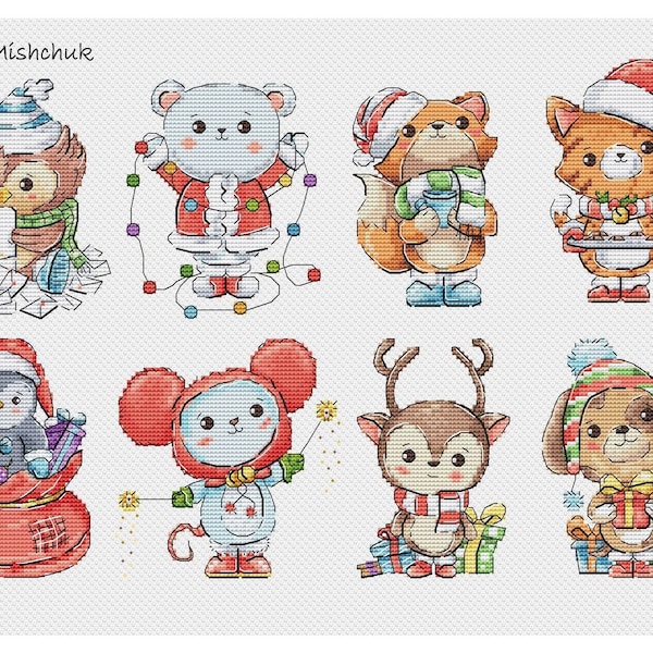 Christmas Animals Cross Stitch Pattern Horizontal Colorful Art Stitch DIY X-stitch Chart Needlepoint Embroidery Chart PDF Instant Download