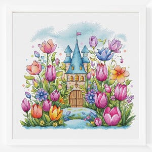Tulip Castle Cross Stitch Pattern House PDF Palace Landscape Flower Girl Kids Child Room Summer Floral Spring Fairy Tale Instant Download