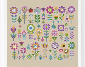 Mini-ensemble floral folklorique au point de croix, petite fleur, plantes de jardin, échantillon de printemps, été, facile à réaliser, broderie simple, téléchargement immédiat