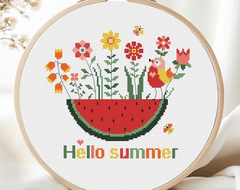 Summer Cross Stitch Pattern PDF Watermelon Fruits Hello Summer Bird Folk Flowers Modern Easy For Beginner Kids Simple Primitive  Download