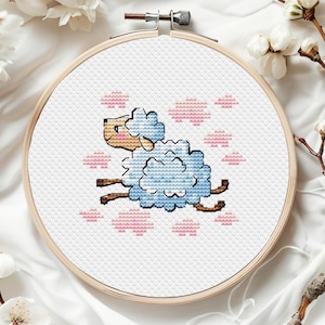 Mouton au point de croix, animal de la ferme, petit bébé fille, mini carte, dessin animé, chambre d'enfant, chambre d'enfants, ensemble amusant, nuage, ornement, PDF amusant, téléchargement immédiat