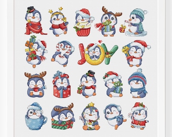 Patrón de punto de cruz de pingüino navideño, tarjeta de alegría, animalito bebé, juego de adornos pequeños para niños, decoración navideña de invierno, descarga instantánea en PDF