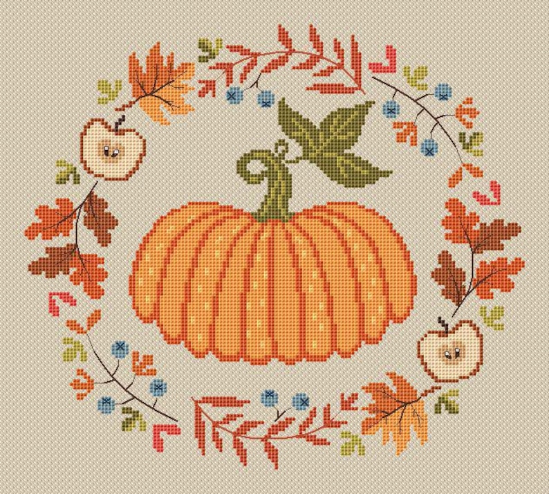 Autumn Pumpkin Cross Stitch Pattern PDF Autumn Harvest Wreath Leaves ...