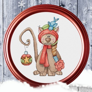 Christmas Cat Cross Stitch Pattern Funny Cat Horizontal Colorful Art  DIY X-stitch Chart Needlepoint Embroidery PDF Instant Download