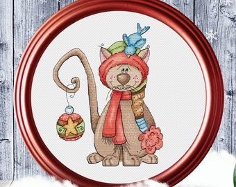 Christmas Cat Cross Stitch Pattern Funny Cat Horizontal Colorful Art  DIY X-stitch Chart Needlepoint Embroidery PDF Instant Download