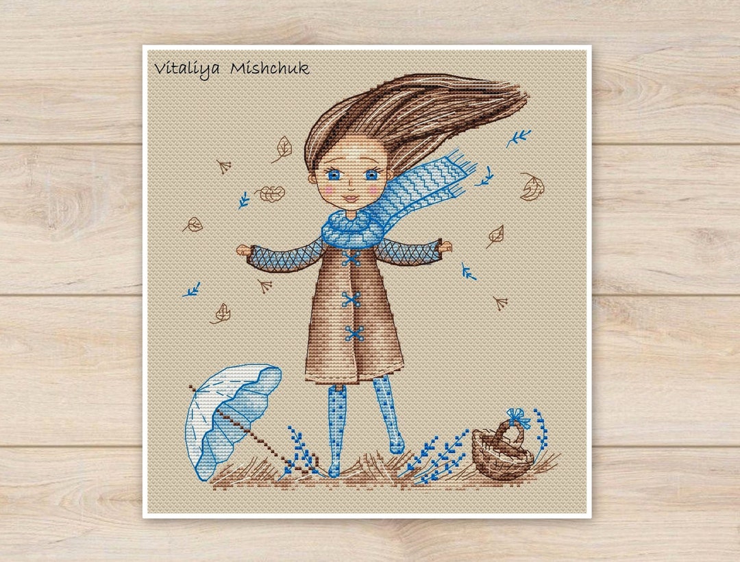 Autumn Girl Cross Stitch Pattern Fall Girl Room Umbrella Woman Counted ...