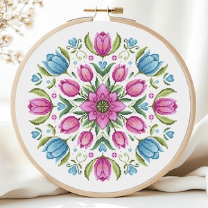 Könnte beinhalten: Ein fertiggestellter Kreuzstich-Stickrahmen mit einem floralen Design. Das Design umfasst rosa und blaue Tulpen, grüne Blätter und kleine blaue Blumen, die in einem kreisförmigen Muster angeordnet sind. Die Stickerei ist in einem Holzrahmen gefasst.