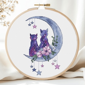 クロスステッチ 猫 クロスステッチ パターン ギャラクシー 動物 ムーンと星 カラフルなアート DIY Xステッチ ニードルポイント 刺繍 PDF 即時ダウンロード