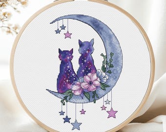 Cross Stitch Cat Cross Stitch Pattern Galaxy Animals Moom and Stars Colorful Art DIY X-stitch Needlepoint Embroidery PDF Instant Download