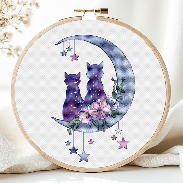 Cross Stitch Cat Cross Stitch Pattern Galaxy Animals Moom and Stars Colorful Art DIY X-stitch Needlepoint Embroidery PDF Instant Download
