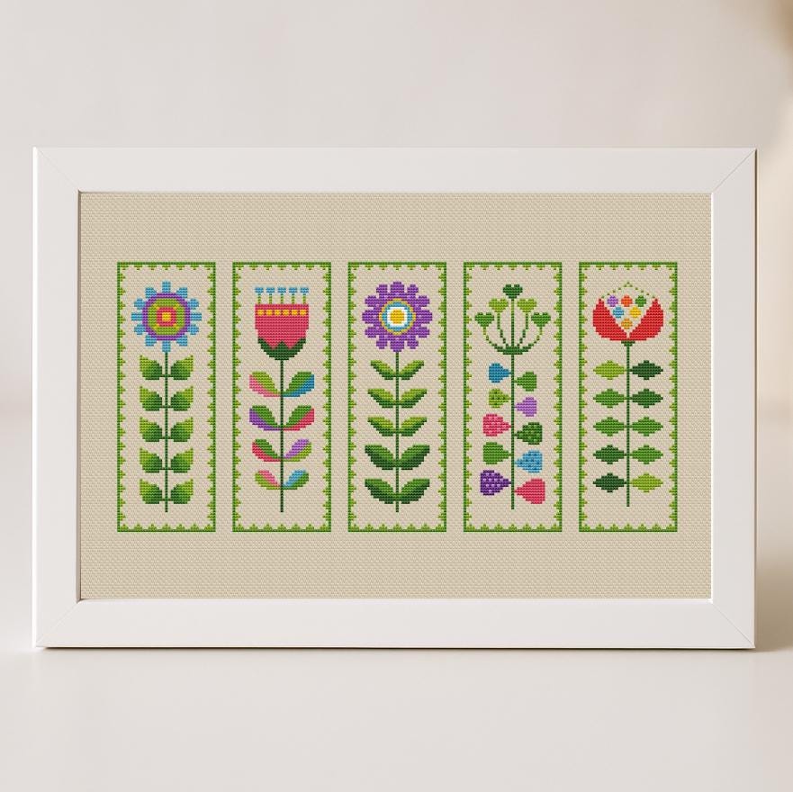 Lesezeichen Kreuzstich Muster pdf Folk Blumen Kreuzstich einfach Skandinavisch Modern Anfänger Nadelspitze Stickerei Bunt Printable PDF