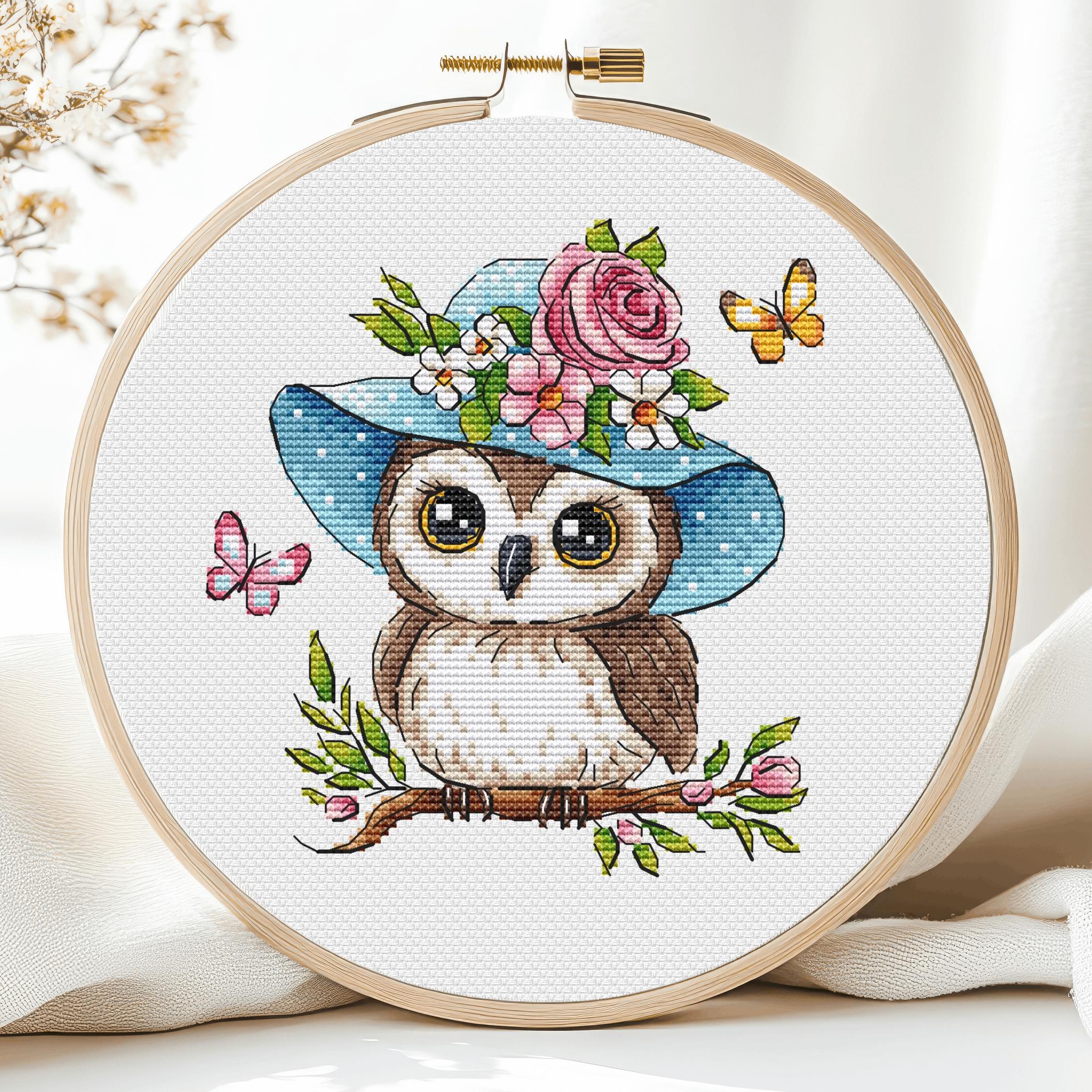 Owl Cross Stitch Patterns Summer Forest Bird Animals Hat Flower Kids Girl Bird on Branch Wild Cute N