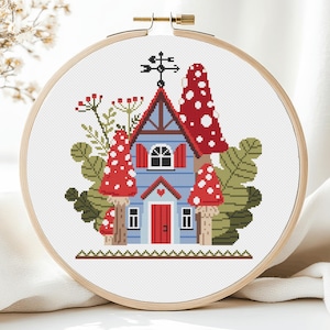 Padrão de ponto cruz para casa de conto de fadas em PDF, cogumelos da floresta, cogumelo venenoso, outono, iniciante, amanita, agárico-mosca, fácil, simples, gnomo, natureza, encantador