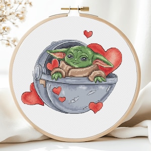 Padrão de ponto cruz do bebê Yoda, Yoda Mandaloriano, gráfico de bordado bordado colorido do bebê alienígena para impressão, download instantâneo, design em PDF