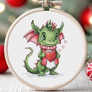 Weihnachten Drachen Kreuzstich Muster Winter Neujahr Dinosaurier Herz Tier Süß Grün Baby Kinder Symbol 2024 Art Count PDF Instant Download