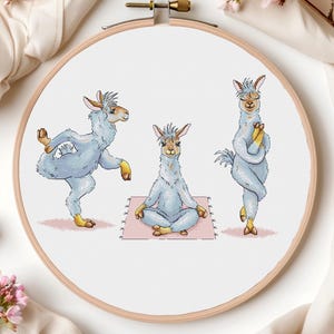 May include: Three gray llamas in different yoga poses. The llama on the left is in a standing pose with one leg raised. The llama in the middle is sitting in a lotus pose on a pink yoga mat. The llama on the right is standing with one leg crossed over the other and arms crossed in front of the chest.