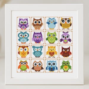 Uil set kruissteekpatroon vogels eenvoudig primitieve dieren eenvoudige sampler kinderen meisje ornament beginner decoratie schattig Instant download pdf